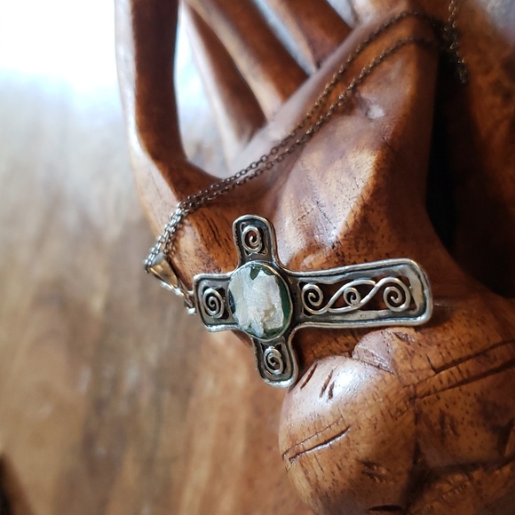 Ancient Roman Glass Sterling Silver Cross Necklace with Chain - Picture 7 of 10